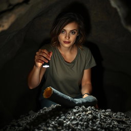 A brunette woman wearing a casual tee shirt is inside a dimly lit cave, her hand extended as she carefully pulls a wrinkled black rolled-up scroll out of a pile of ashes on the cave floor