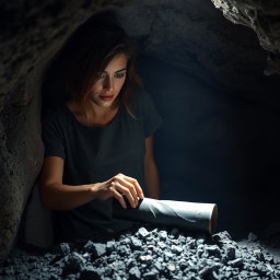 A brunette woman wearing a casual tee shirt is inside a dimly lit cave, her hand extended as she carefully pulls a wrinkled black rolled-up scroll out of a pile of ashes on the cave floor