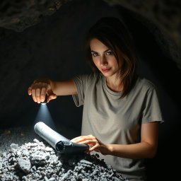 A brunette woman wearing a casual tee shirt is inside a dimly lit cave, her hand extended as she carefully pulls a wrinkled black rolled-up scroll out of a pile of ashes on the cave floor