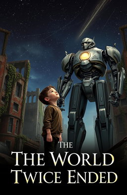 A young boy standing beside his impressive robot guardian in a decaying, dystopian city