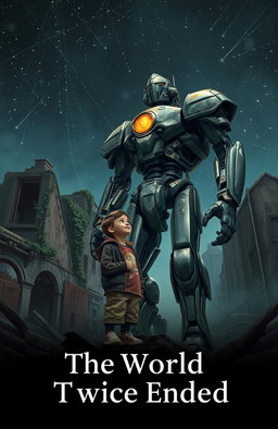 A young boy standing beside his impressive robot guardian in a decaying, dystopian city