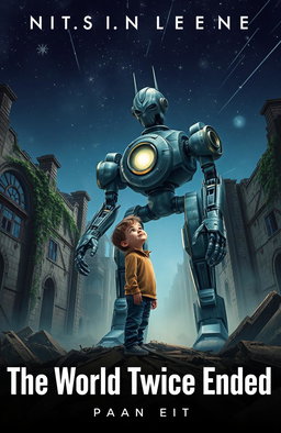 A young boy standing beside his impressive robot guardian in a decaying, dystopian city