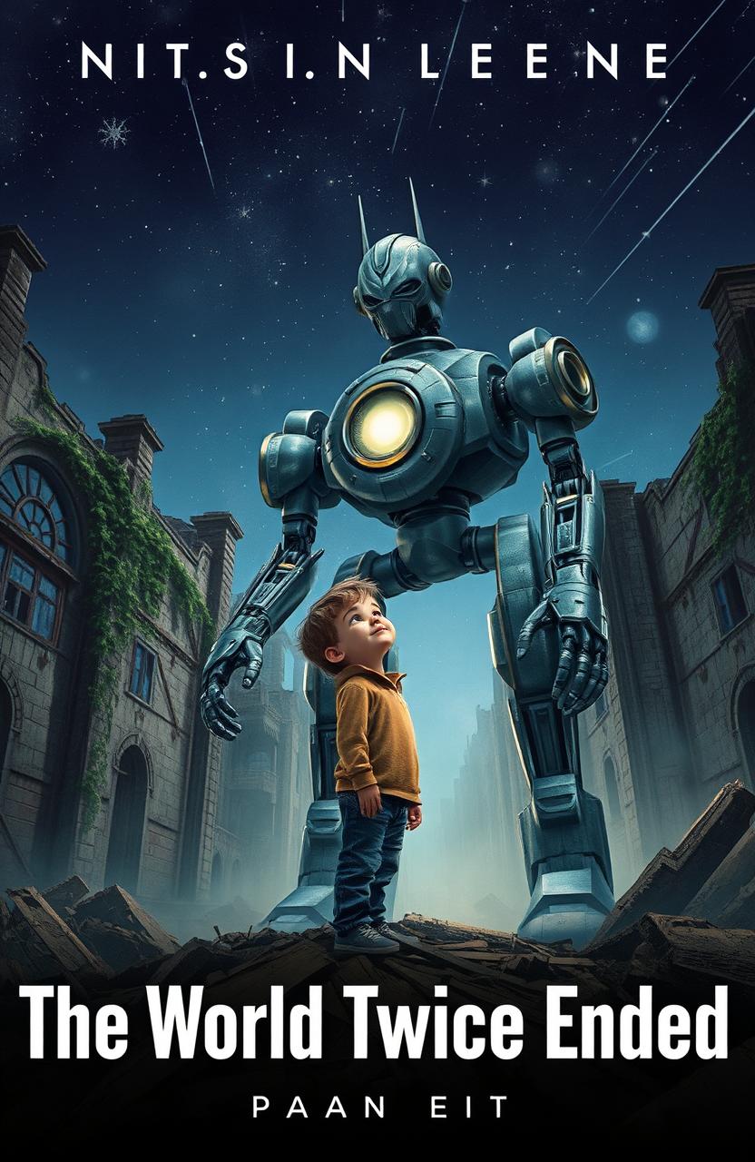 A young boy standing beside his impressive robot guardian in a decaying, dystopian city