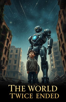 A young boy standing beside his impressive robot guardian in a decaying, dystopian city