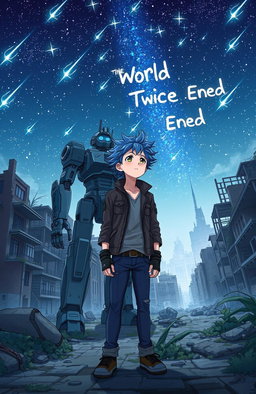 An anime boy with spiky blue hair wearing a tattered jacket and jeans, standing alongside his towering robot guardian, which has mechanical limbs and glowing blue eyes, in a decaying city filled with crumbling buildings and overgrown vegetation