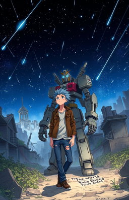 An anime boy with spiky blue hair wearing a tattered jacket and jeans, standing alongside his towering robot guardian, which has mechanical limbs and glowing blue eyes, in a decaying city filled with crumbling buildings and overgrown vegetation