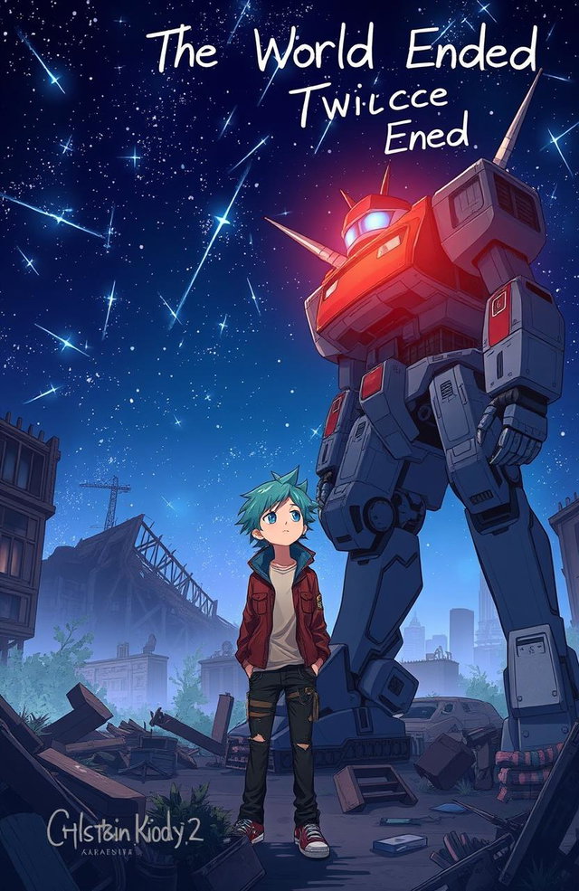 An anime boy with spiky blue hair wearing a tattered jacket and jeans, standing alongside his towering robot guardian, which has mechanical limbs and glowing blue eyes, in a decaying city filled with crumbling buildings and overgrown vegetation