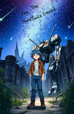 An anime boy with spiky blue hair wearing a tattered jacket and jeans, standing alongside his towering robot guardian, which has mechanical limbs and glowing blue eyes, in a decaying city filled with crumbling buildings and overgrown vegetation