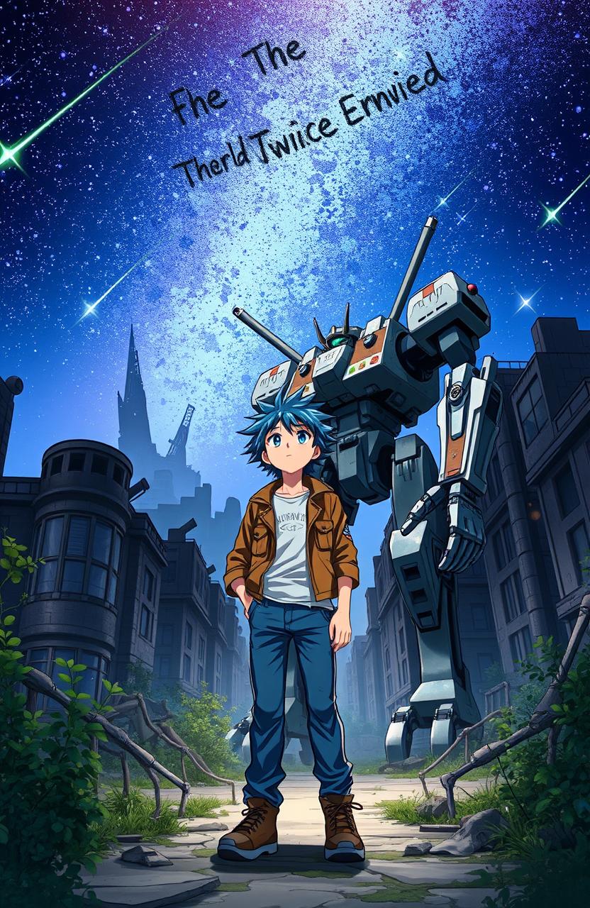 An anime boy with spiky blue hair wearing a tattered jacket and jeans, standing alongside his towering robot guardian, which has mechanical limbs and glowing blue eyes, in a decaying city filled with crumbling buildings and overgrown vegetation