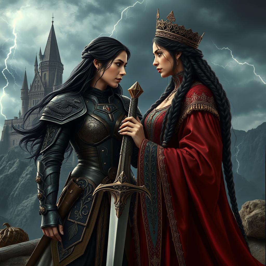 A captivating scene inspired by a fantasy epic similar to Game of Thrones, featuring strong and fierce lesbian characters in a medieval-inspired fantasy setting