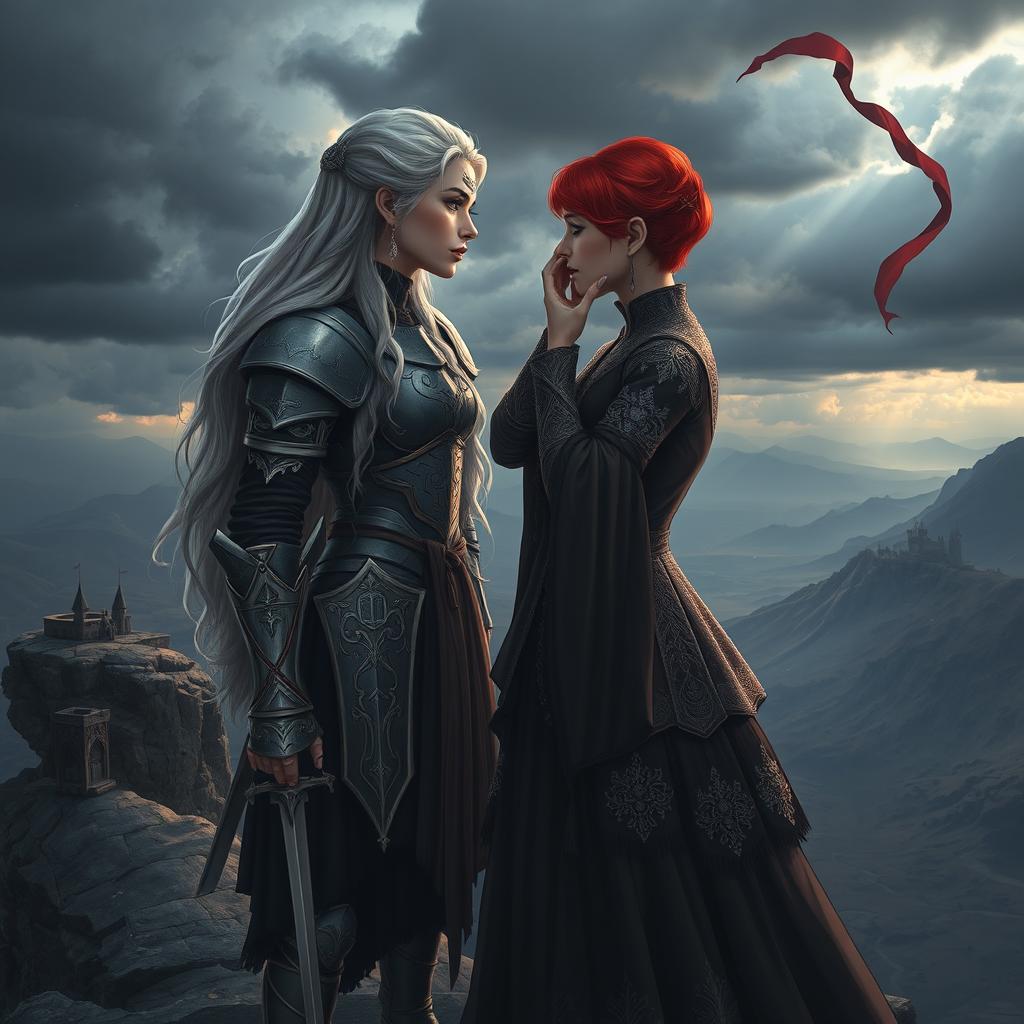 A captivating scene inspired by the aesthetic of Game of Thrones, featuring two strong female characters in a lesbian romantic context