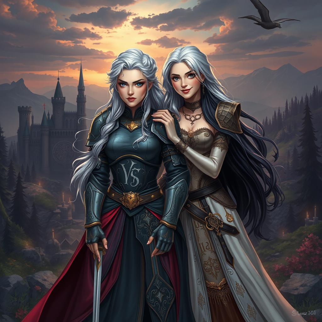 A vibrant fantasy scene inspired by a lesbian version of Game of Thrones, featuring strong, adventurous female characters dressed in intricate medieval armor and elegant gowns adorned with house sigils