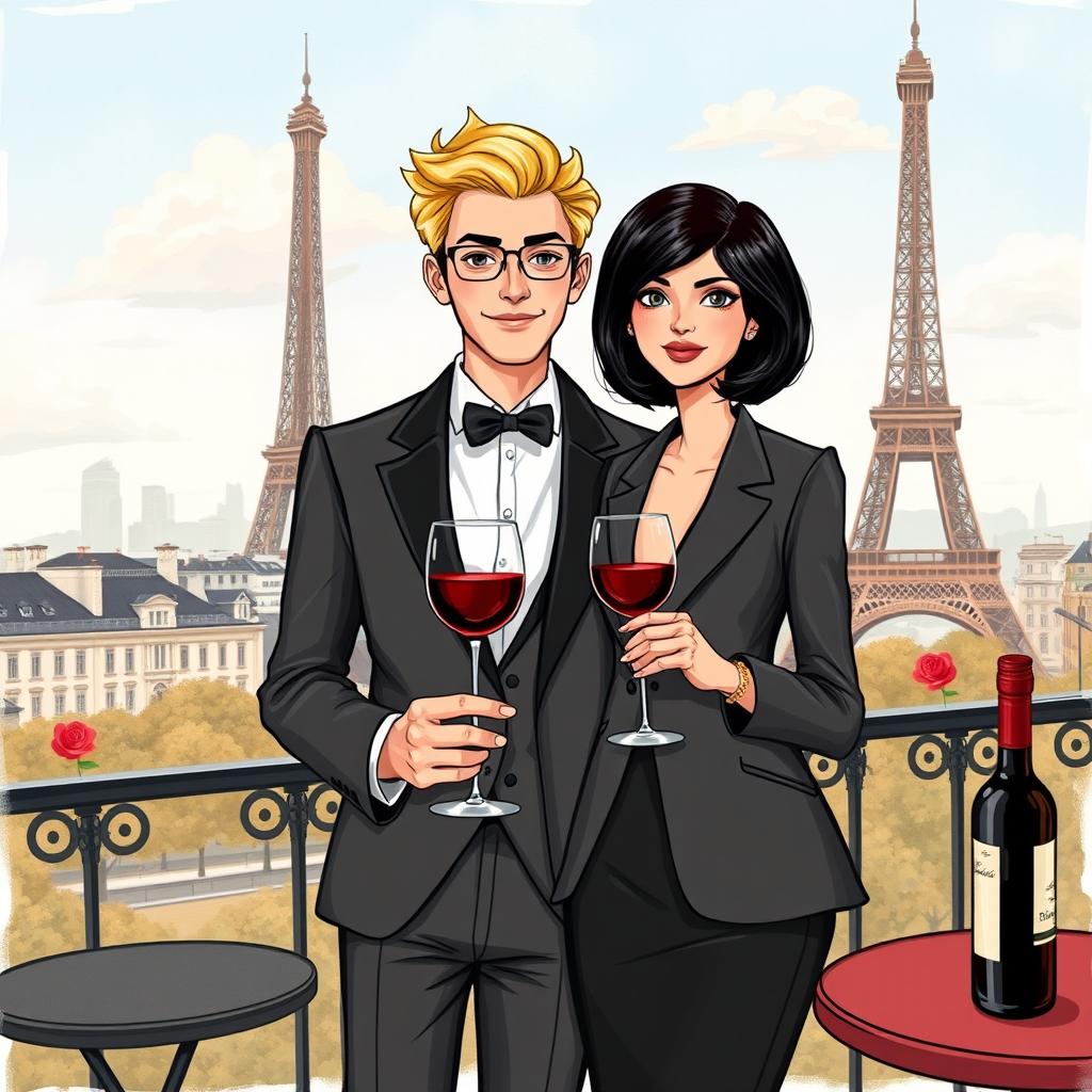 A fashionable couple in Paris, the man is elegantly dressed with blonde hair, and the woman has short, olive-toned skin with dark hair