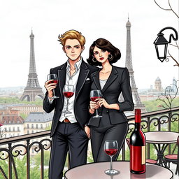 A fashionable couple in Paris, the man is elegantly dressed with blonde hair, and the woman has short, olive-toned skin with dark hair