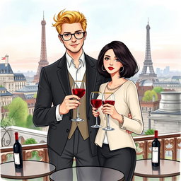 A fashionable couple in Paris, the man is elegantly dressed with blonde hair, and the woman has short, olive-toned skin with dark hair