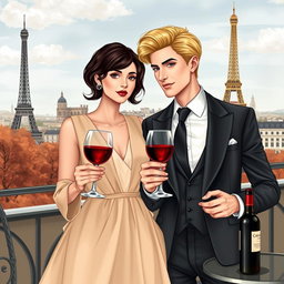 A fashionable couple in Paris, the man is elegantly dressed with blonde hair, and the woman has short, olive-toned skin with dark hair