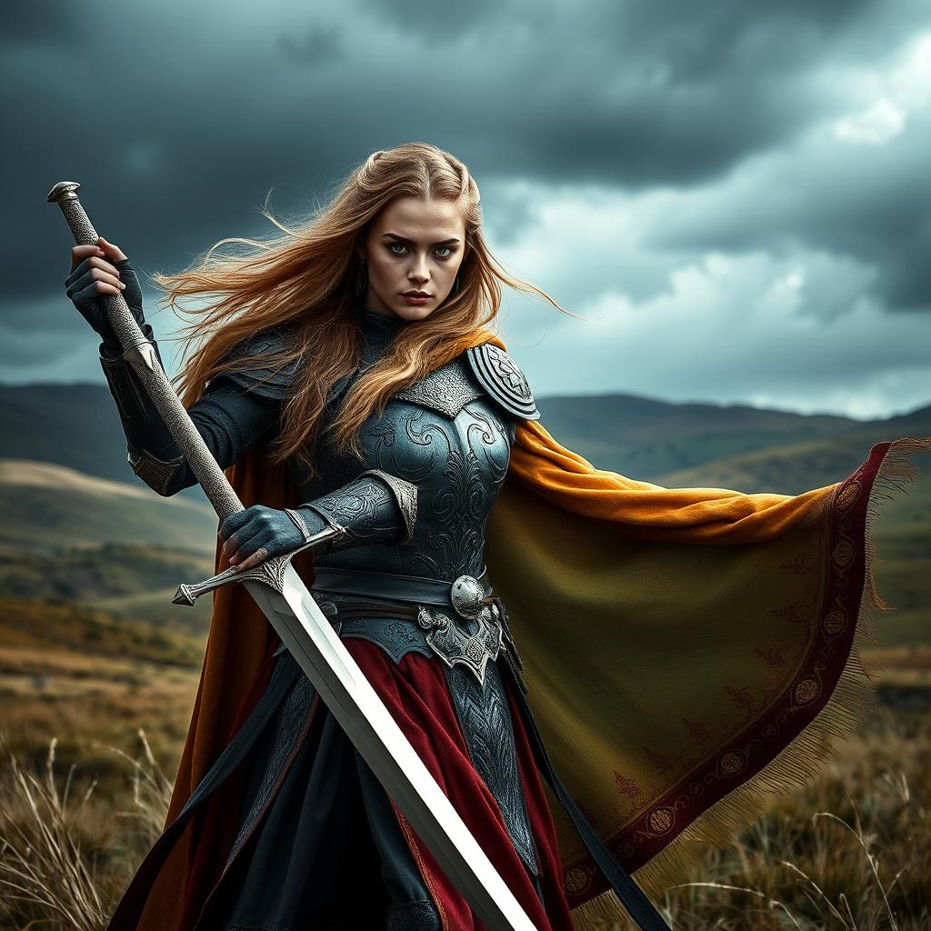 A powerful and elegant female warrior dressed in intricate, medieval-inspired armor, inspired by the Game of Thrones aesthetic