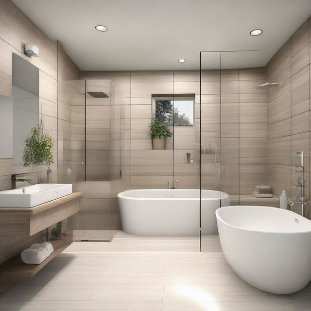 Generate an image of a luxury bathroom with modern fixtures, soothing colors, a large mirror, and high-end amenities.