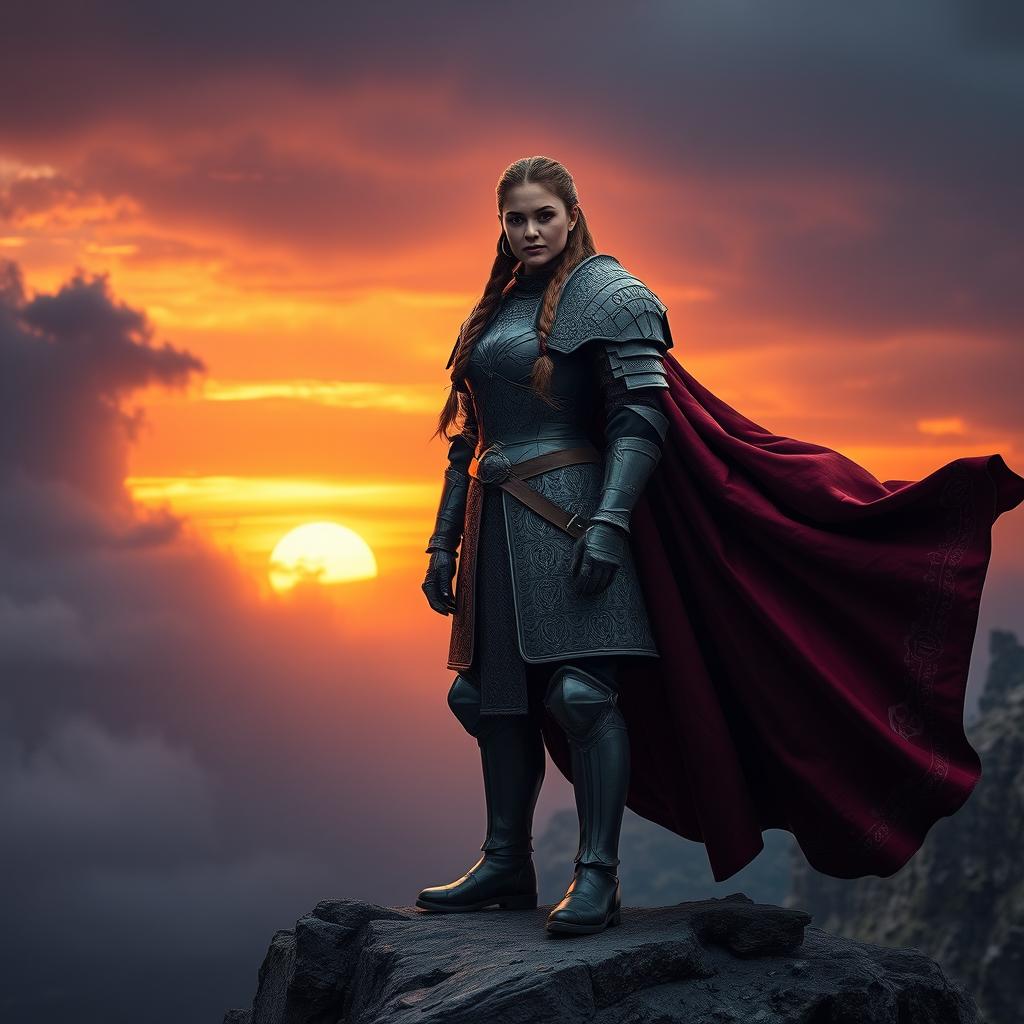 A fierce and regal female knight, inspired by the Game of Thrones aesthetic, stands confidently atop a rocky cliff