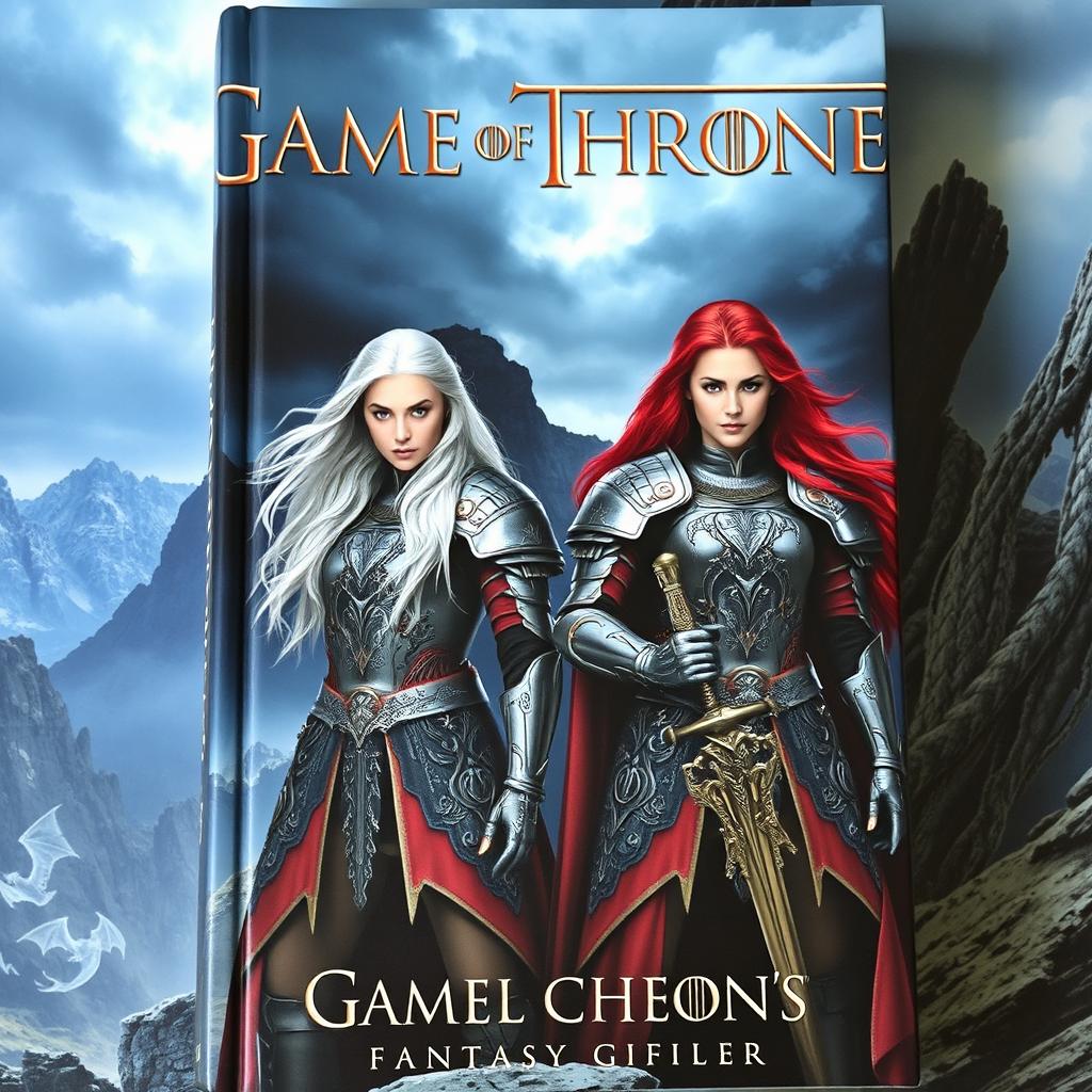 A captivating book cover inspired by Game of Thrones, featuring a powerful, intense scene with two fierce female warriors