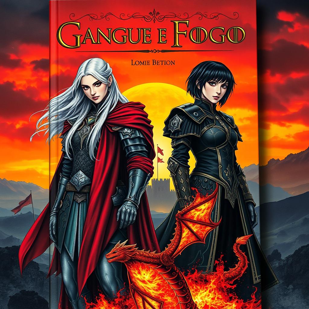 A captivating book cover inspired by Game of Thrones with a lesbian twist, titled "Sangue e Fogo"