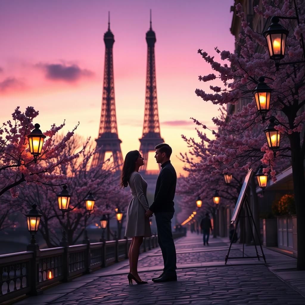 A romantic scene set in Paris during twilight, with the Eiffel Tower in the background