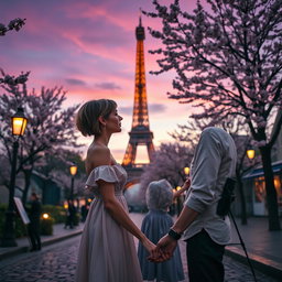 A romantic scene set in Paris during twilight, featuring a woman with short hair, wearing a stylish summer dress, holding hands with her partner while gazing into each other's eyes