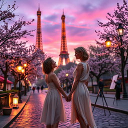 A romantic scene set in Paris during twilight, featuring a woman with short hair, wearing a stylish summer dress, holding hands with her partner while gazing into each other's eyes