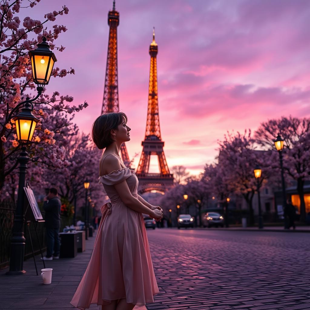A romantic scene set in Paris during twilight, featuring a woman with short hair, wearing a stylish summer dress, holding hands with her partner while gazing into each other's eyes