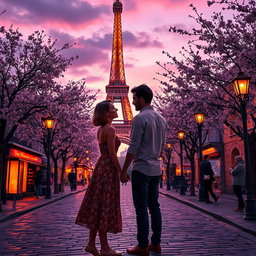 A romantic scene set in Paris during twilight, featuring a woman with short hair, wearing a stylish summer dress, holding hands with her partner while gazing into each other's eyes