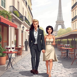 A realistic illustration of a couple walking in Paris, France