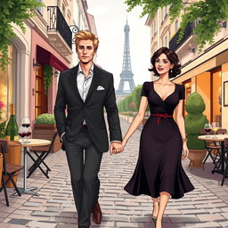 A realistic illustration of a couple walking in Paris, France