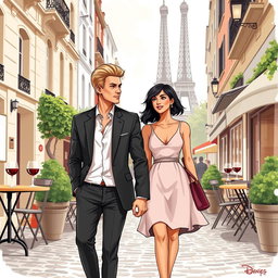 A realistic illustration of a couple walking in Paris, France