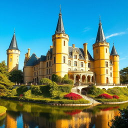 A majestic chateau that blends medieval and modern architectural styles, featuring tall towers and a surrounding moat