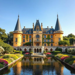 A majestic chateau that blends medieval and modern architectural styles, featuring tall towers and a surrounding moat