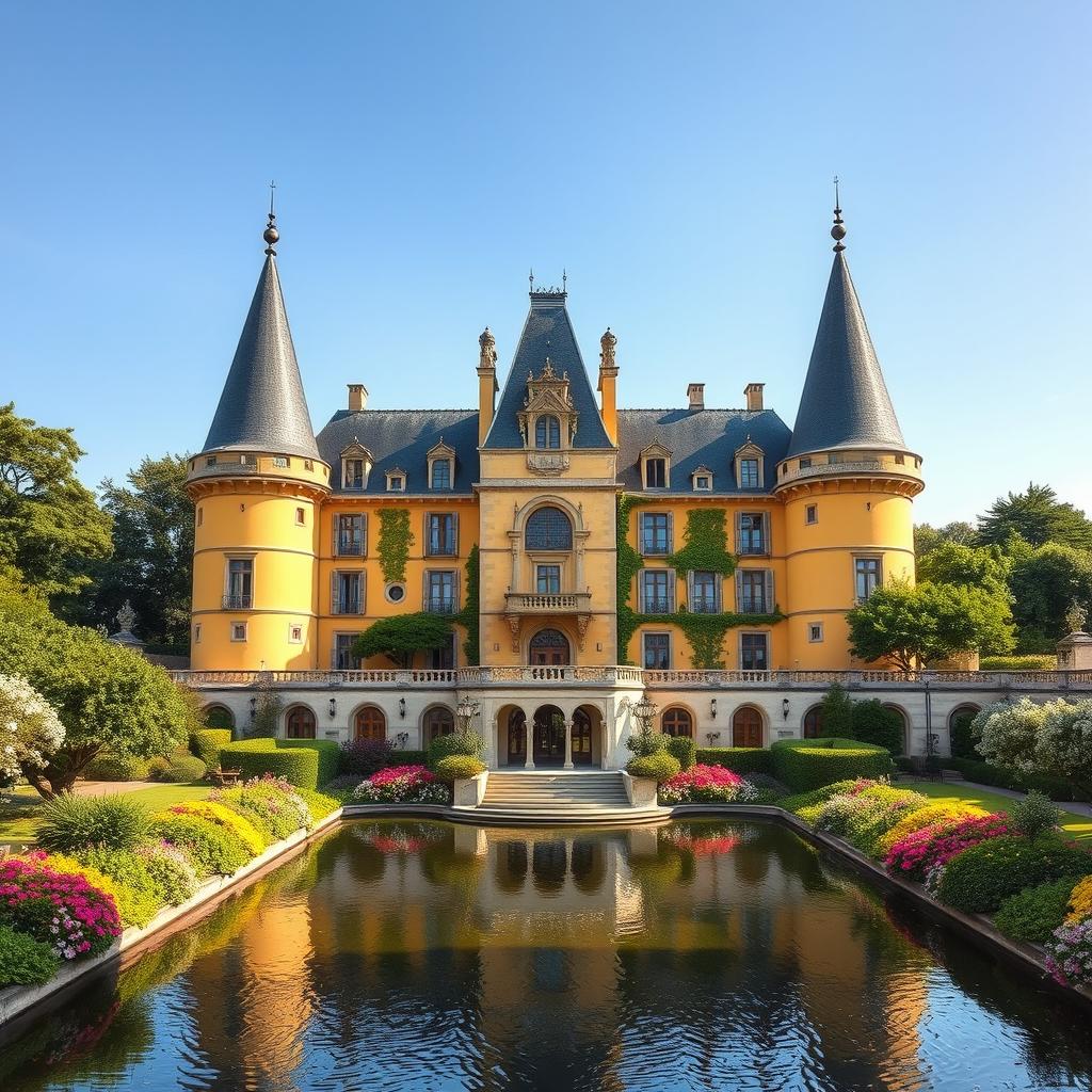 A majestic chateau that blends medieval and modern architectural styles, featuring tall towers and a surrounding moat