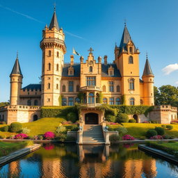 A majestic chateau that blends medieval and modern architectural styles, featuring tall towers and a surrounding moat