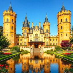 A majestic chateau that blends medieval and modern architectural styles, featuring tall towers and a surrounding moat
