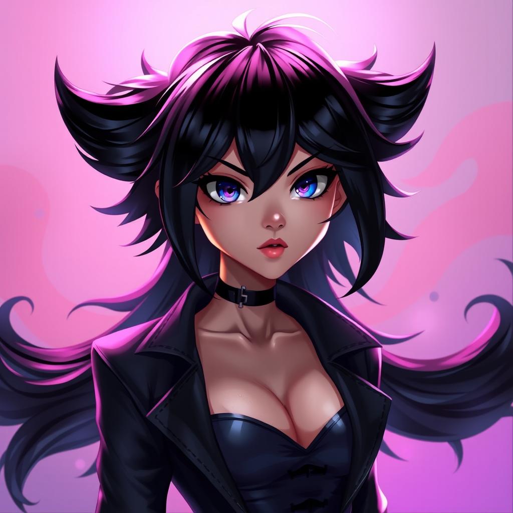 A stunning digital artwork of a character with striking features, showcasing a vivid transformation as their hair turns jet black