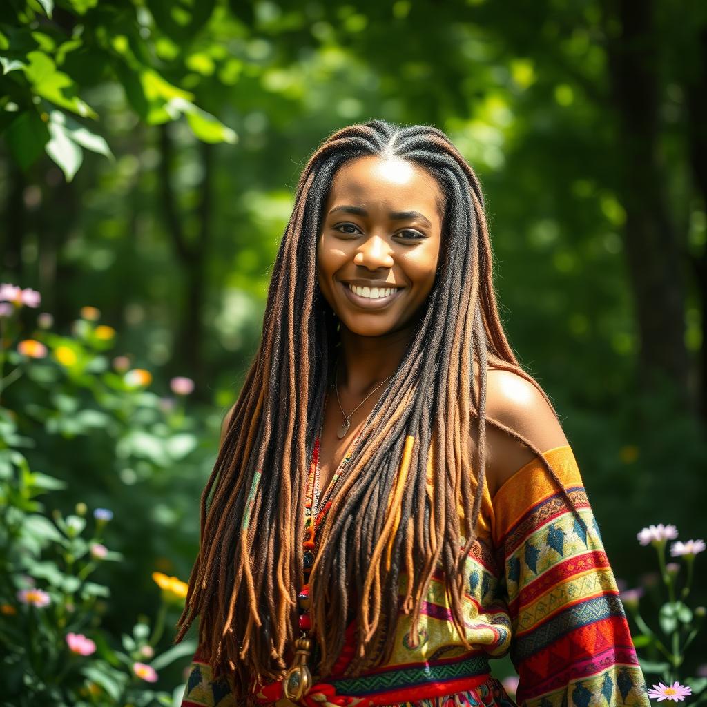 A beautiful person with long, vibrant dreadlocks flowing down their back, standing confidently in a lush green forest
