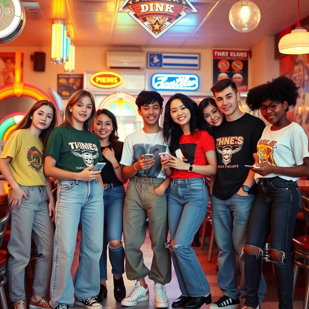 A vibrant scene featuring a group of diverse young adults at a retro diner in the 2000s