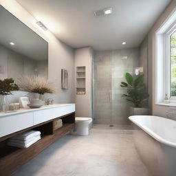 Generate an image of a luxury bathroom with modern fixtures, soothing colors, a large mirror, and high-end amenities.