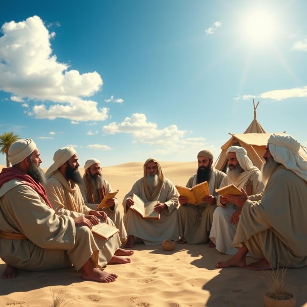 A historical depiction of the companions of the Prophet Muhammad, showcasing a diverse group of men in traditional Middle Eastern attire