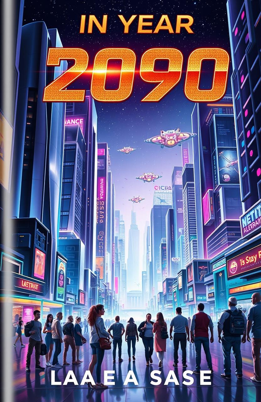 A futuristic book cover design for a science fiction novel titled 'In Year 2090'