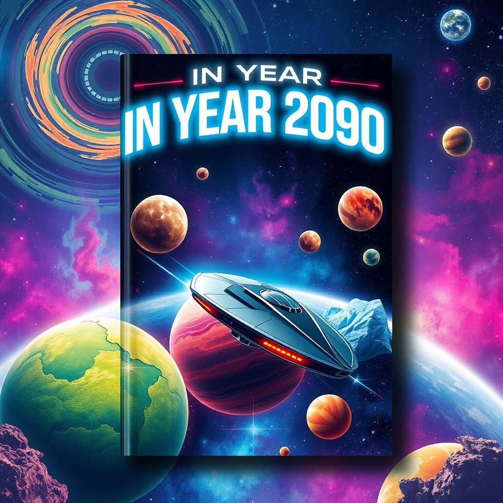 A captivating book cover design for a science fiction novel titled 'In Year 2090', focusing on interplanetary travel
