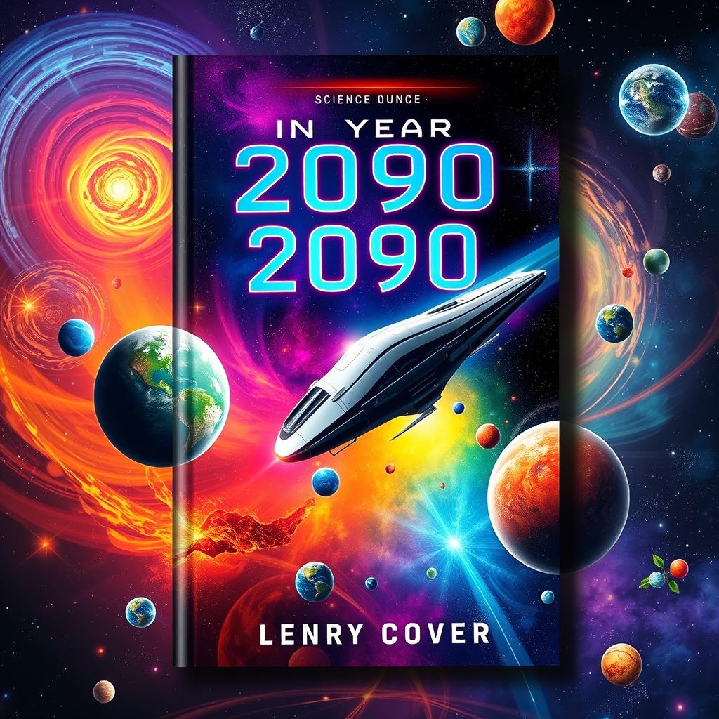 A stunning book cover design for a science fiction novel titled 'In Year 2090', centered on interplanetary travel