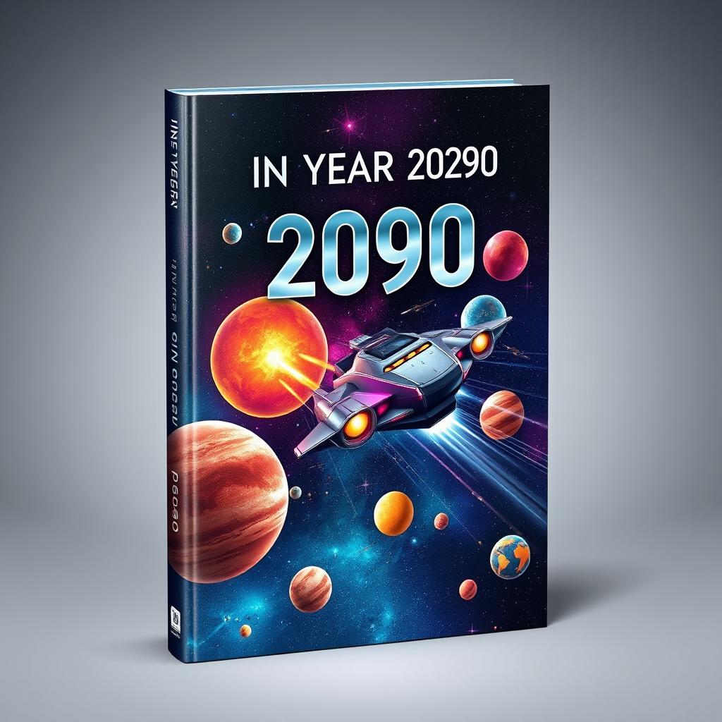 A stunning book cover design titled 'In Year 2090', featuring a vivid illustration of interplanetary travel