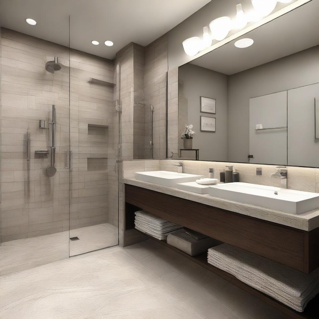 Generate an image of a luxury bathroom with modern fixtures, soothing colors, a large mirror, and high-end amenities.