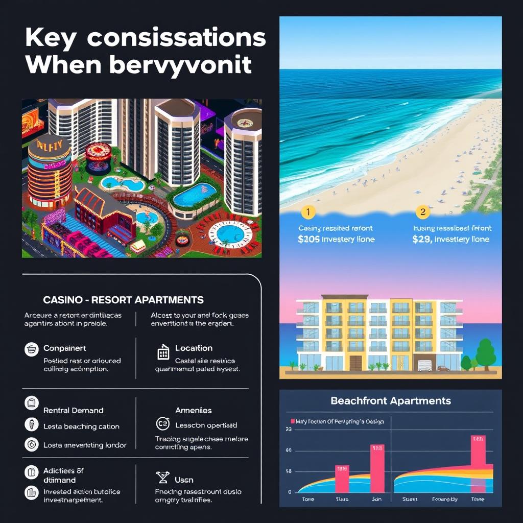 A visually appealing infographic design that showcases the key considerations when buying an investment property, featuring two main sections: one dedicated to casino resort apartments and the other to beachfront apartments