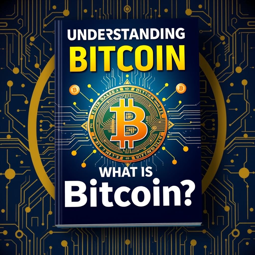 An eye-catching book cover design titled 'Understanding Bitcoin: What is Bitcoin?'